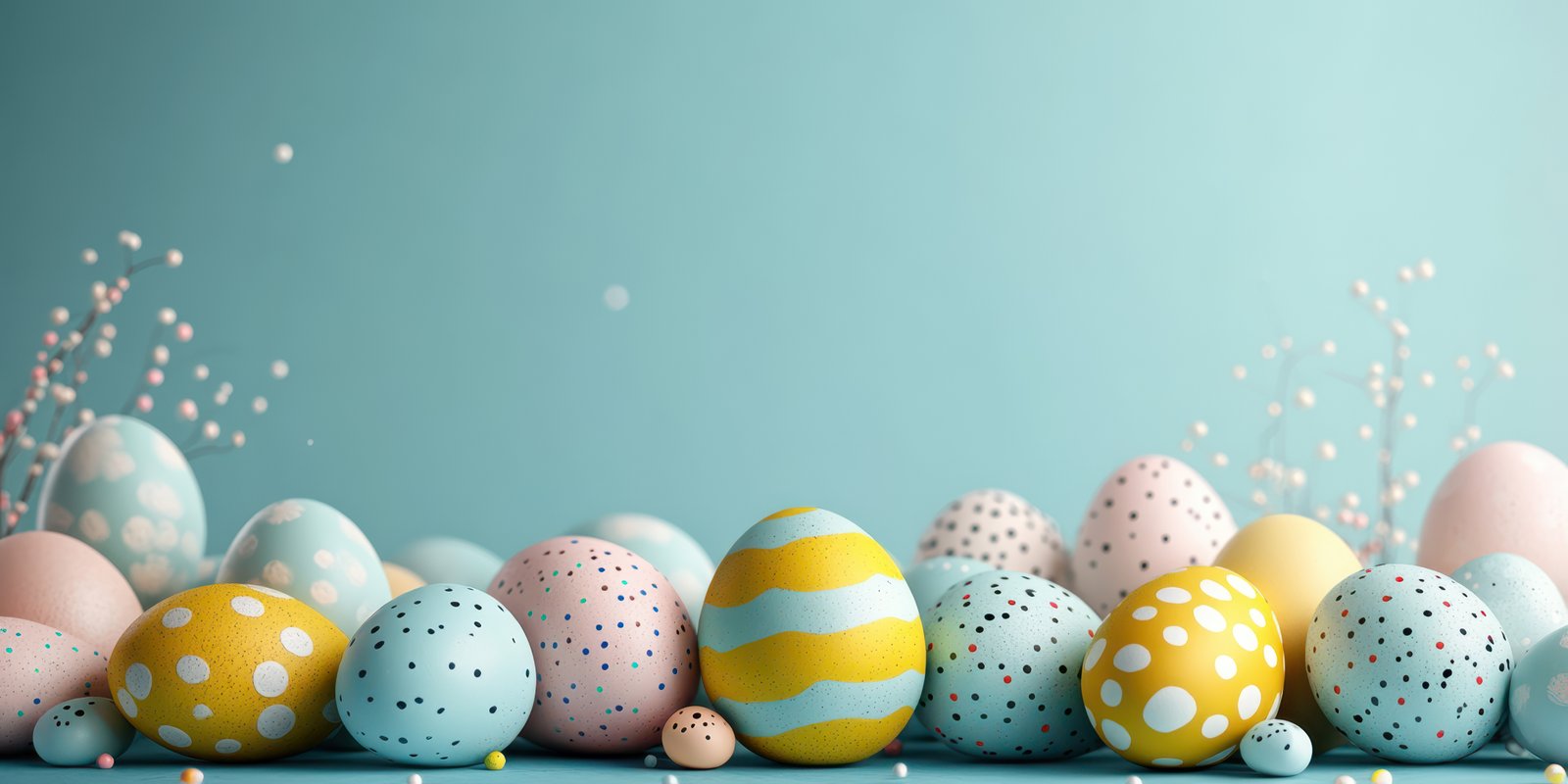 Colorful pastel Easter eggs arranged on a blue background with delicate decorative elements for spring celebrations